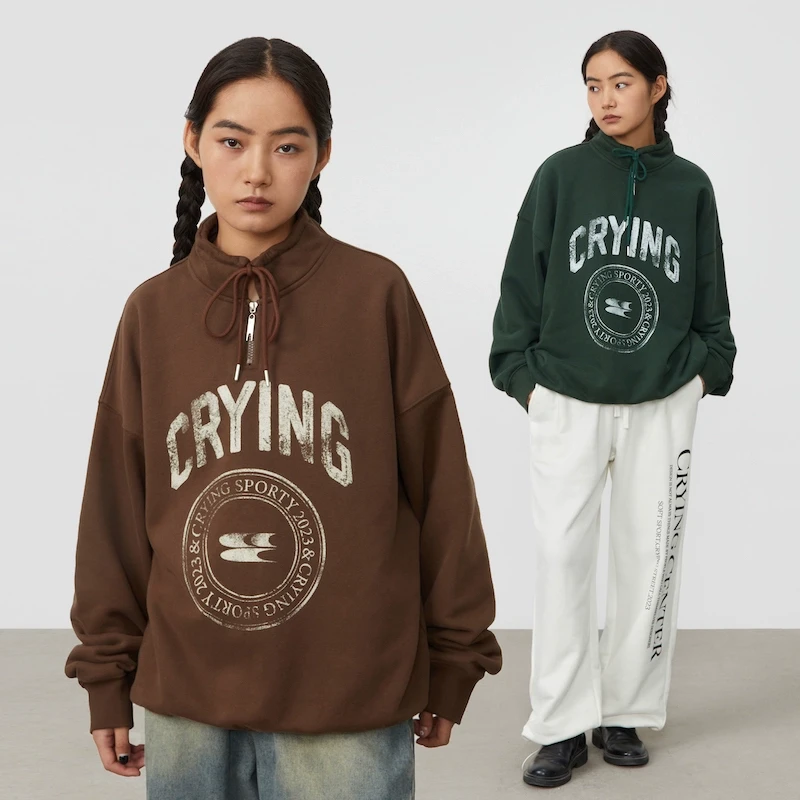 Crying center/哭喊中心复古图章高领抽绳款卫衣棕色墨绿加绒情侣