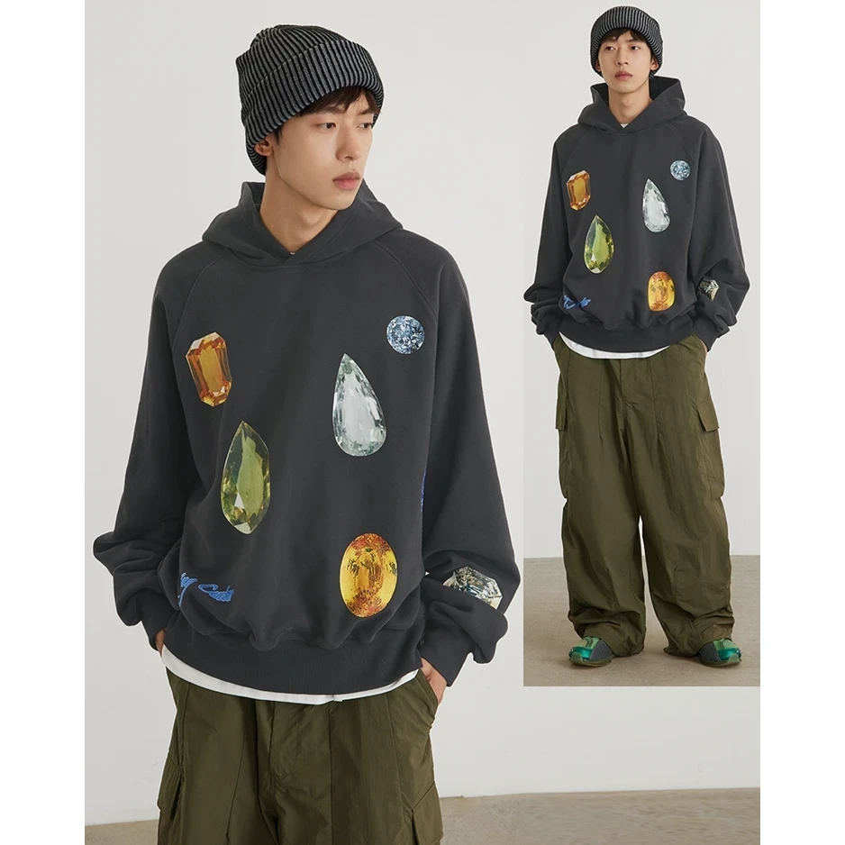 Crying center/哭喊中心趣味满钻卫衣Rich people 炭黑灰带帽卫衣