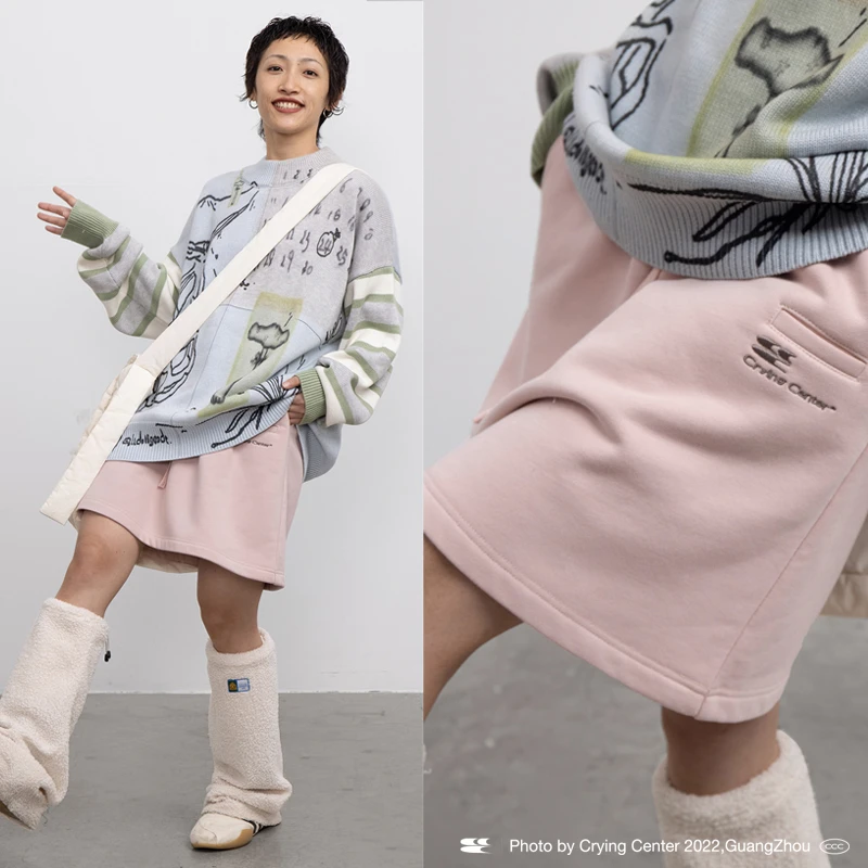 Crying center/哭喊中心花灰 泪粉色磨毛卫衣半裙松紧腰
