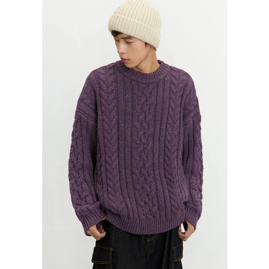 Crying center/哭喊中心彩纱复古紫粗针麻花重磅加厚爱尔兰毛衣