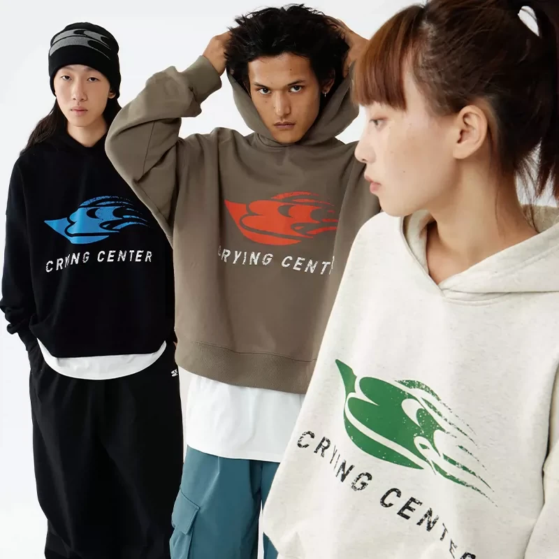 Crying center/哭喊中心浪花3C复古做旧短款新疆棉宽松戴帽卫衣