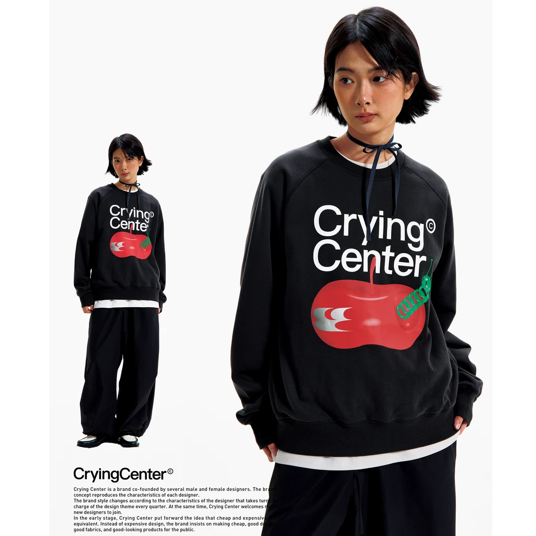Crying center/哭喊中心苹果虫S手印花炭黑圆领情侣卫衣宽松
