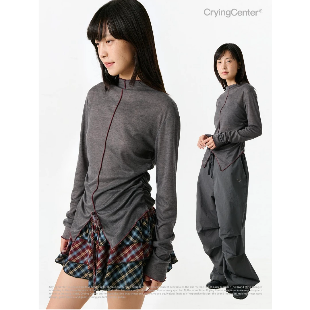 Crying center/哭喊中心低饱和撞色线收腰抽褶燕尾摆长袖上衣打底