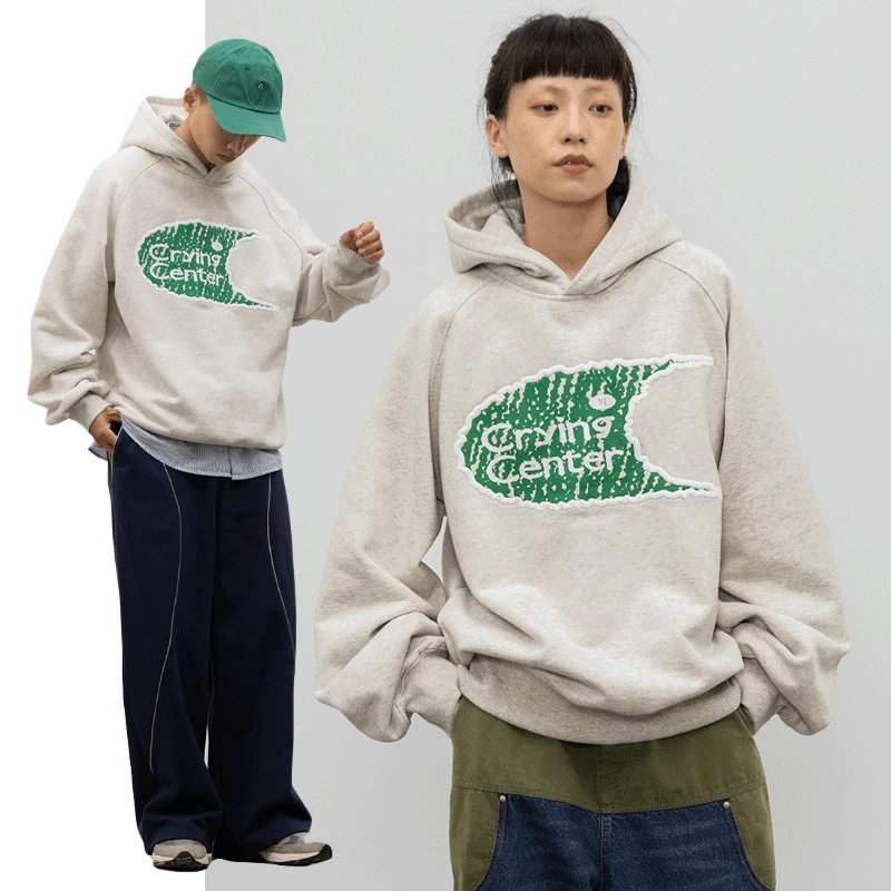 Crying center/哭喊中心月亮泪湾印花刺绣边加绒带帽宽松多色卫衣