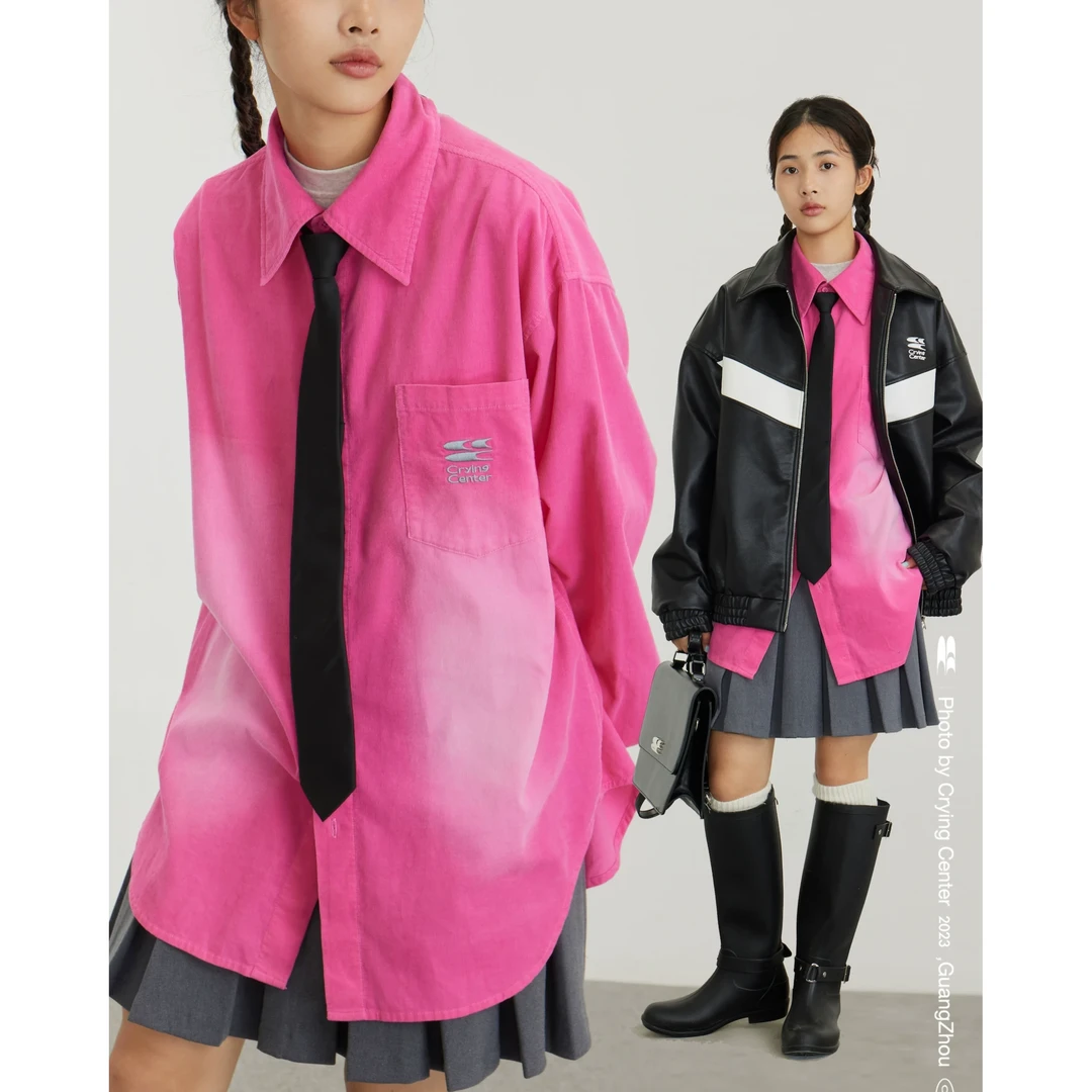 Crying center/哭喊中心芭比粉灯芯绒洗水渐变宽松长袖衬衫