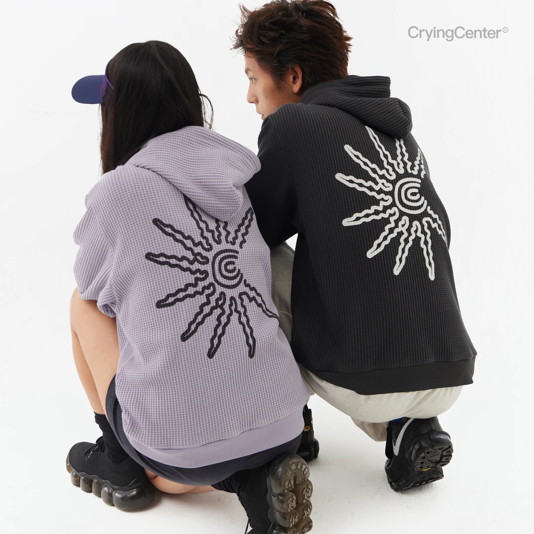 Crying center/哭喊中心太阳华夫格卫衣开衫 情侣连帽卫衣