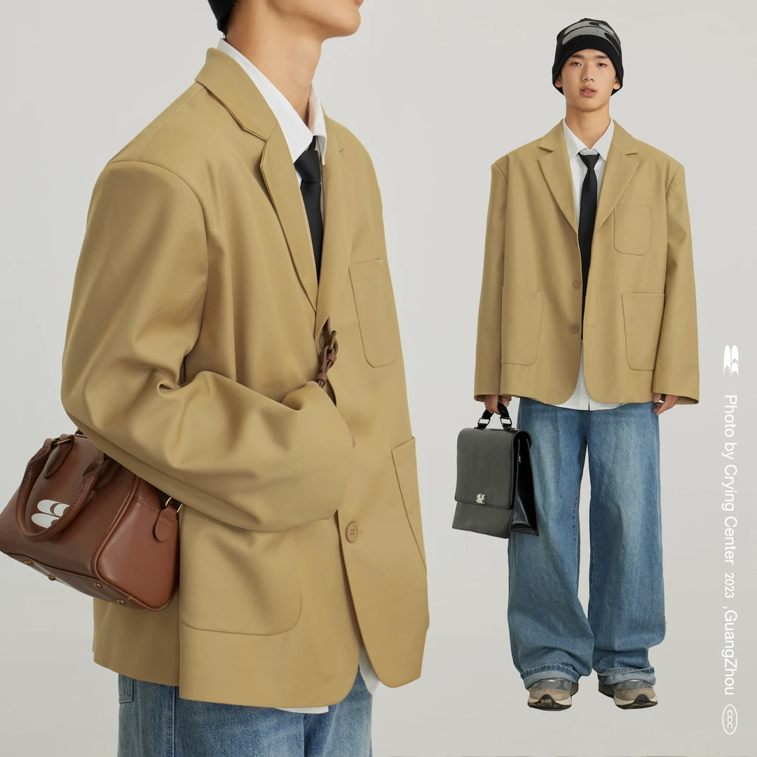 Crying center/哭喊中心卡其色复古老爹大廓形宽肩西装oversize