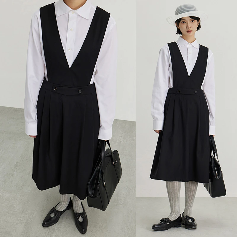 Crying center/哭喊中心学院复古背带黑色利落百褶西装裙连衣裙