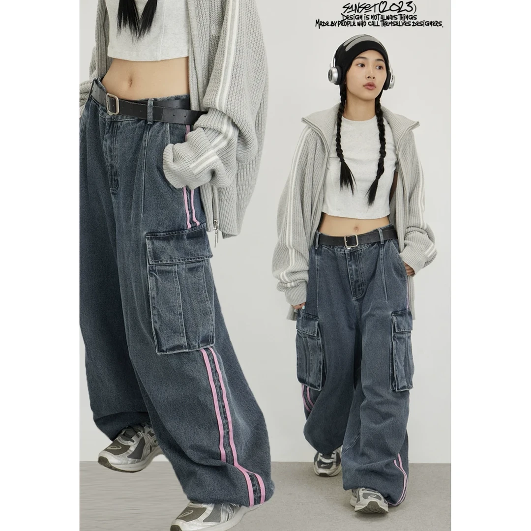 Crying center/哭喊中心复古水洗粉条纹牛仔工装裤宽松造型长裤