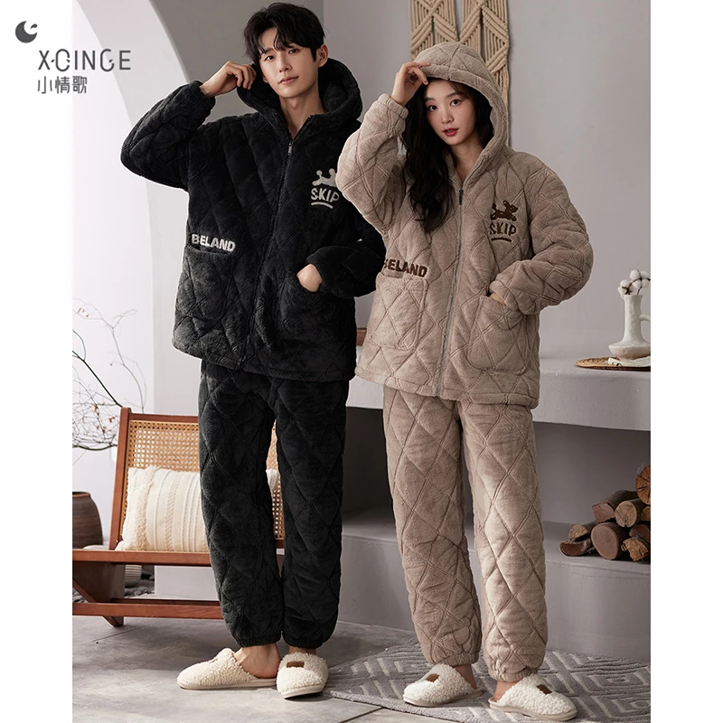 小情歌冬季三层加厚夹棉情侣睡衣女套装家居服外穿加绒保暖居家服