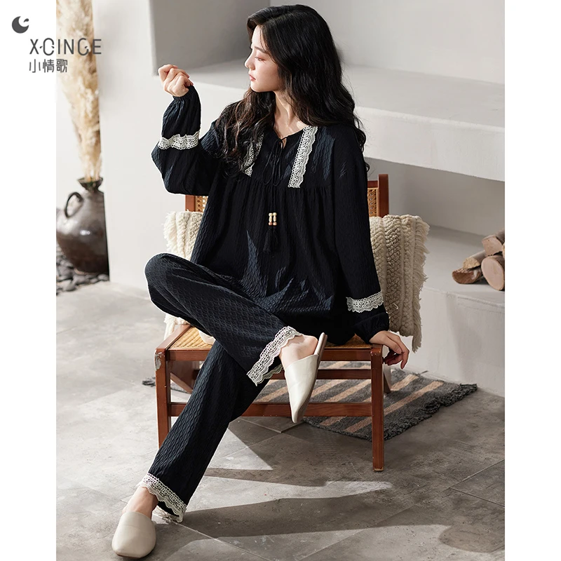 小情歌睡衣女秋季纯棉宽松大码蕾丝春秋加厚女士可外穿家居服套装