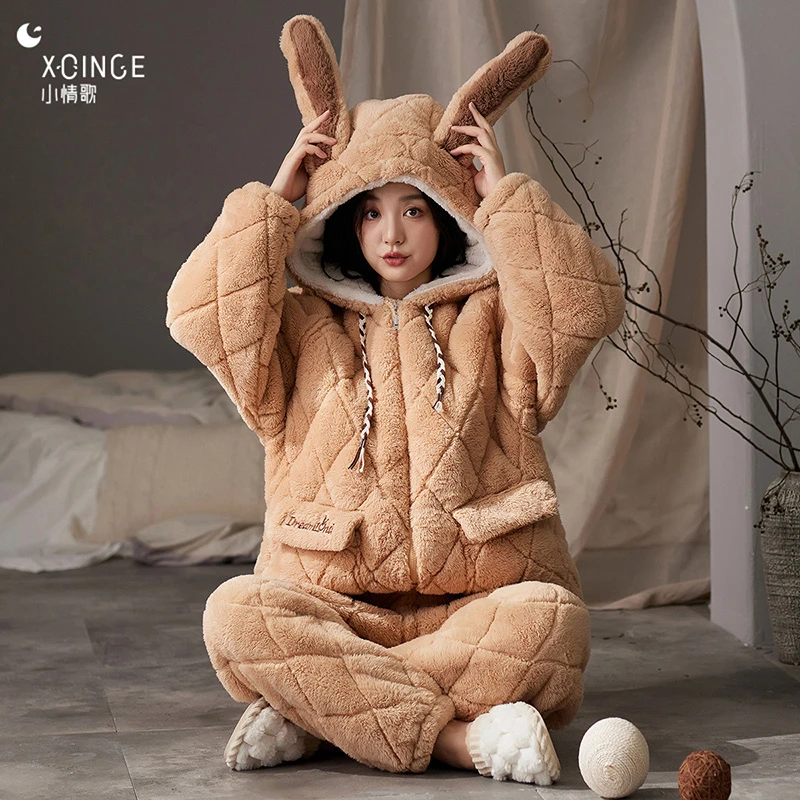 小情歌三层加厚珊瑚绒夹棉睡衣女冬季加绒新款可爱连帽家居服套装
