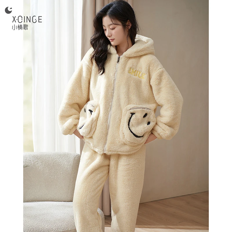 小情歌珊瑚绒睡衣女秋冬款加厚加绒冬季法兰绒连帽家居服冬天套装