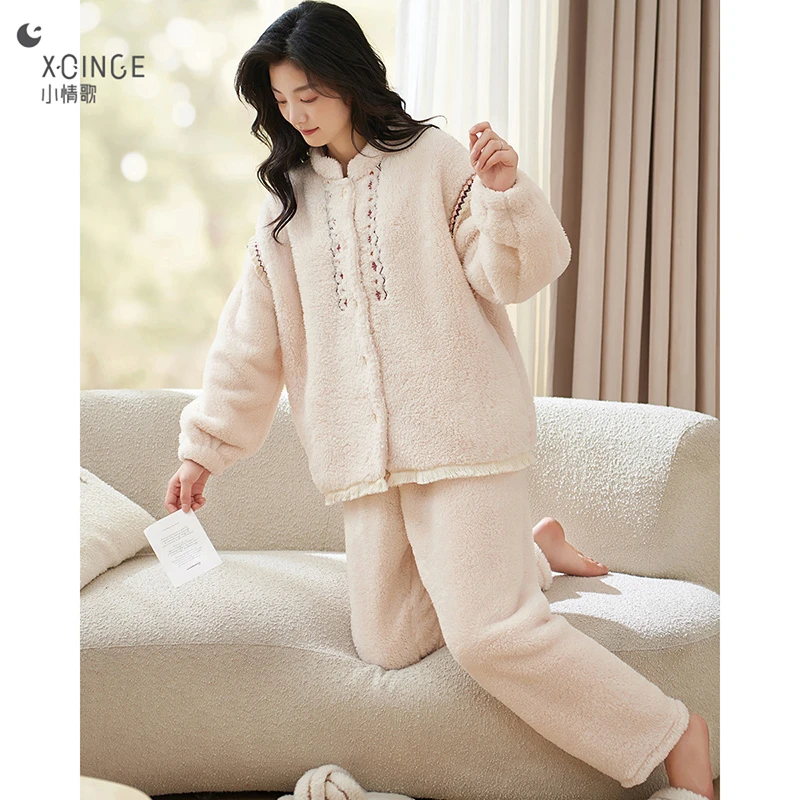 小情歌睡衣女雪花绒秋冬保暖大码毛绒女士秋冬季可外出家居服套装