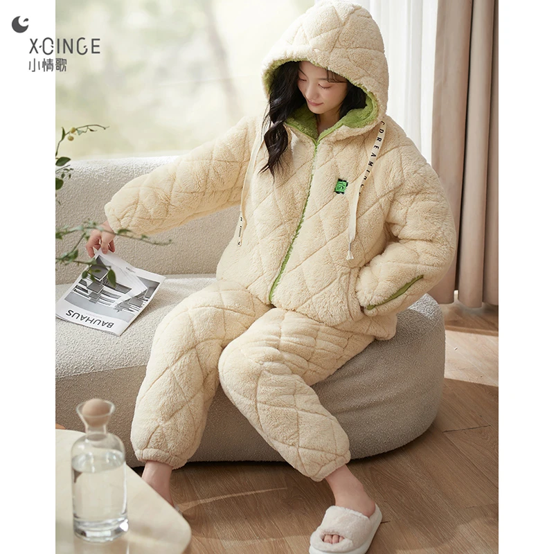 小情歌睡衣冬季珊瑚绒夹棉加绒加厚保暖连帽冬天宽松可外穿家居服