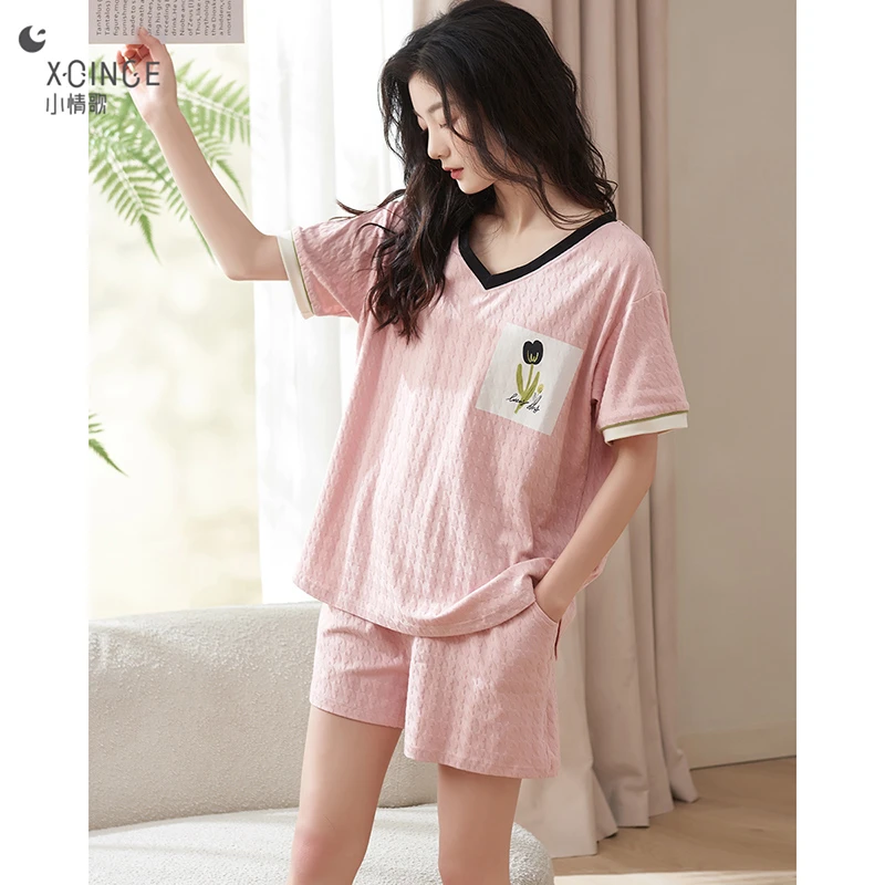 小情歌睡衣女士夏季甜美短裤大码宽松纯棉夏天v透气领家居服套装