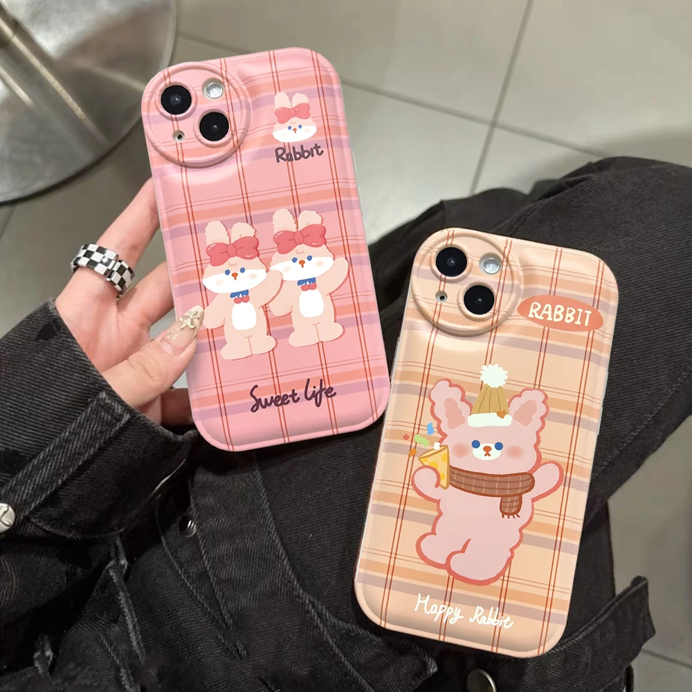 适用苹果/华为/OPPO/VIVO/小米D 可爱复古粉色格子兔气垫手机壳女