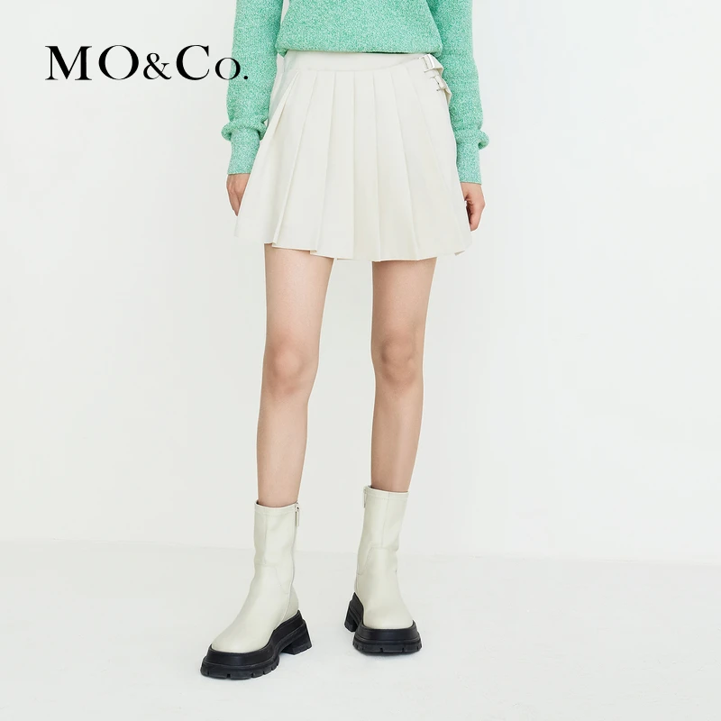 MOCO春季金属扣压褶拼接高腰裙裤休闲裤百褶显瘦女装MBB1SOTT07