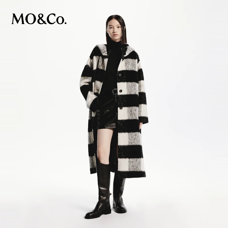 MOCO秋绵羊毛羊驼毛黑白格纹长款连帽大衣MBD3OVCT06