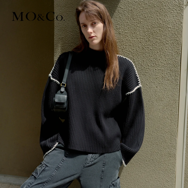 【美丽诺绵羊毛】MOCO撞色勾边坑条纹宽松毛衣MBC4SWTK01