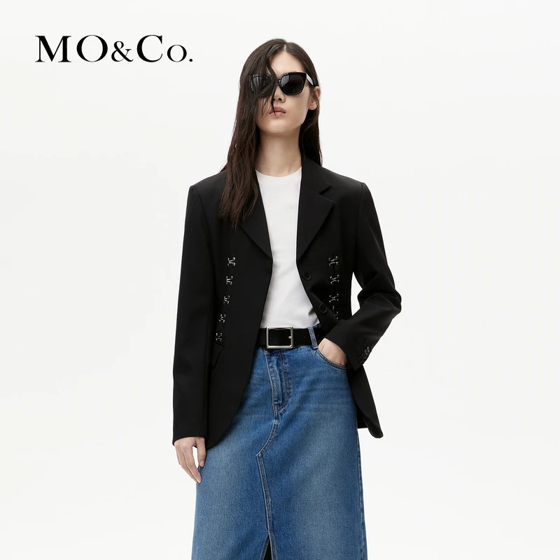 MOCO秋季胸衣式钩扣收腰垫肩西装外套黑色休闲MBB3BLA005