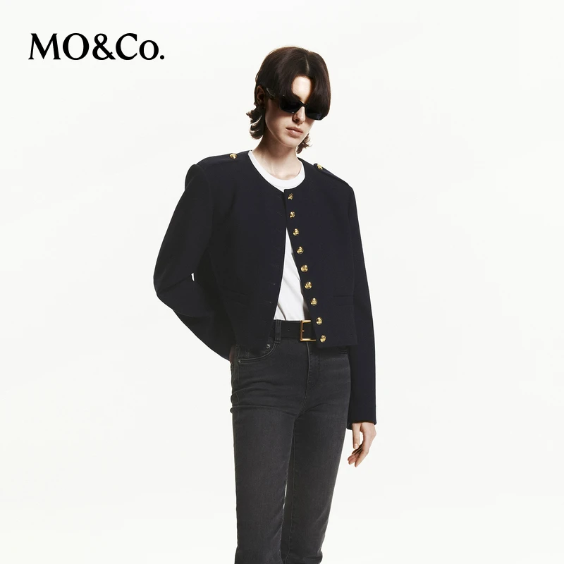 MOCO秋美丽诺绵羊毛圆领垫肩短款箱型毛呢外套MBD3COT001