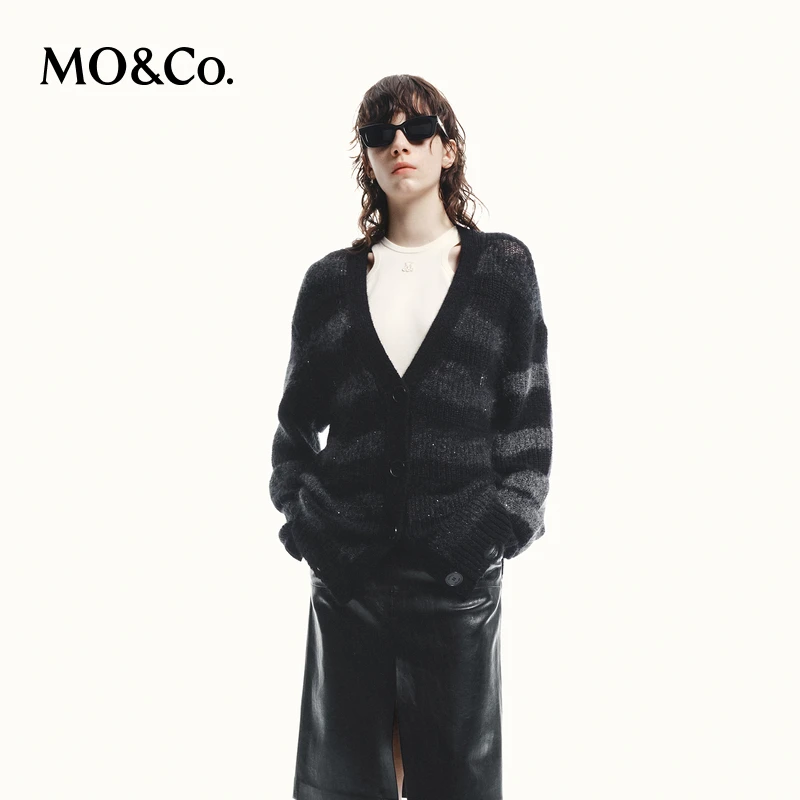 MOCO秋含马海毛条纹毛织外套针织开衫MBD3CART04