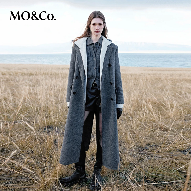 MOCO冬季中性垫肩廓形长款含羊毛毛呢大衣外套MBC4OVCK02