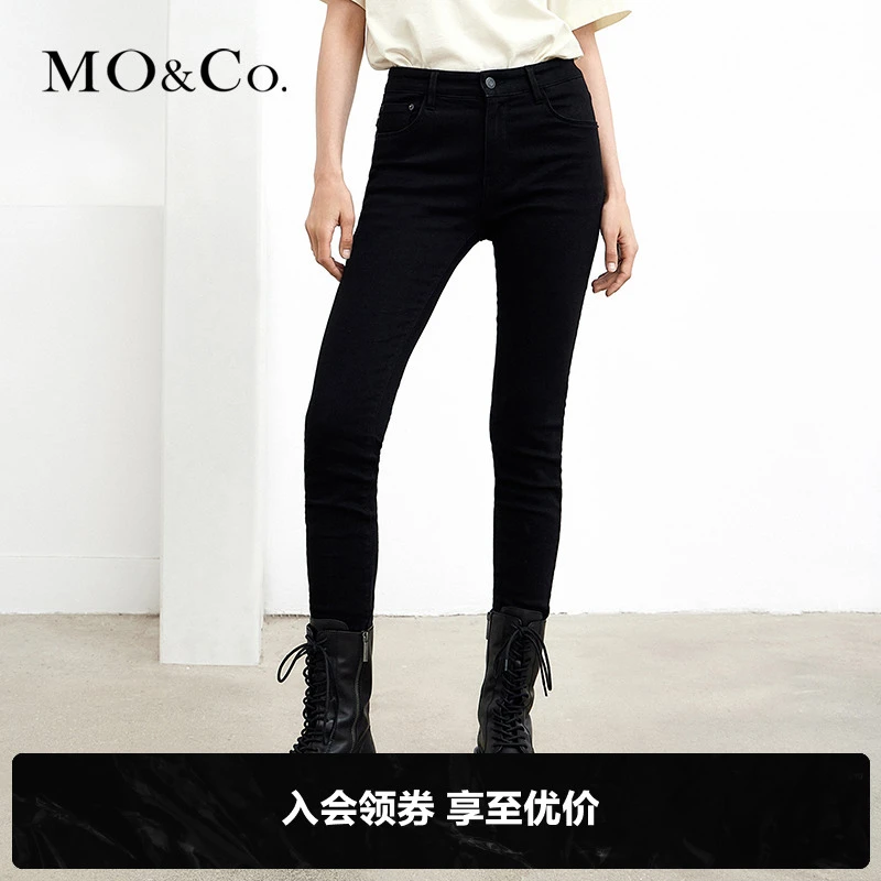 MOCO秋冬季不规则裤脚做旧设计黑色牛仔裤高腰小脚紧身MBB3JENT37
