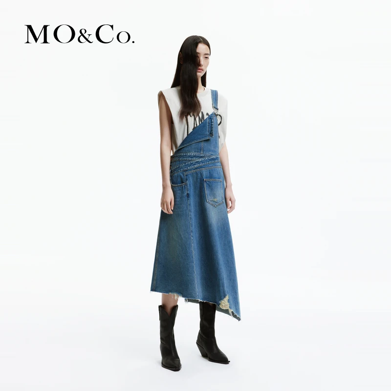 MOCO春解构交叉高腰不规则牛仔背带裙连衣裙MBD1DRST15