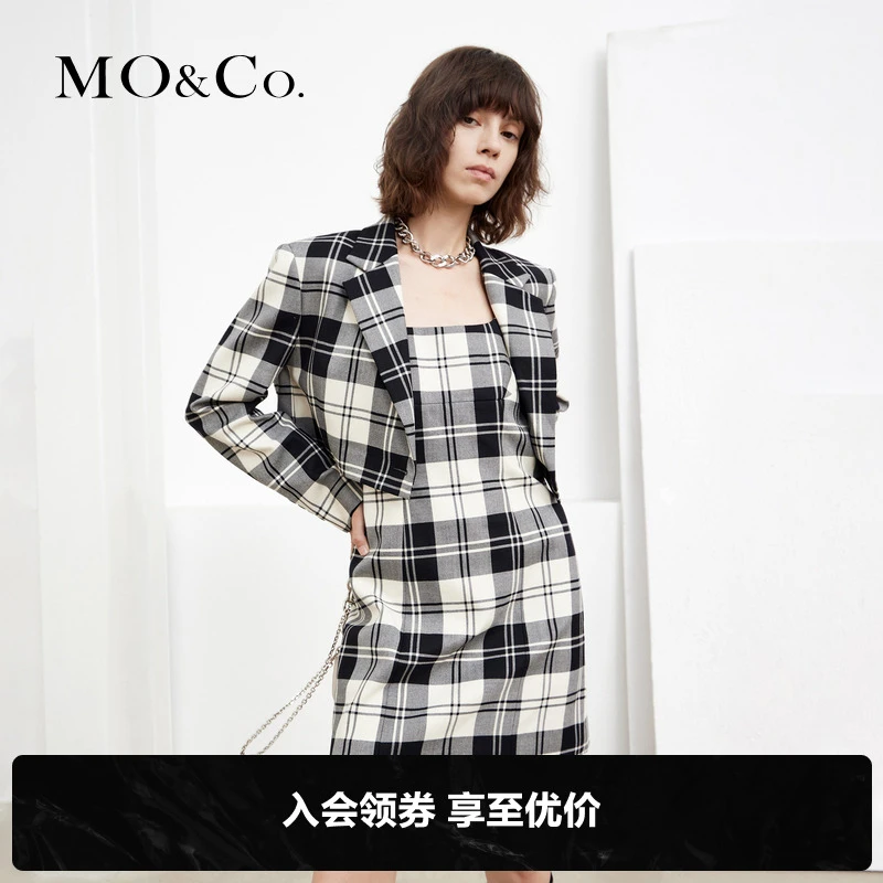 MOCO冬季格纹宽肩收腰西装连衣裙套装格子时尚时尚女装MBA4DRS032