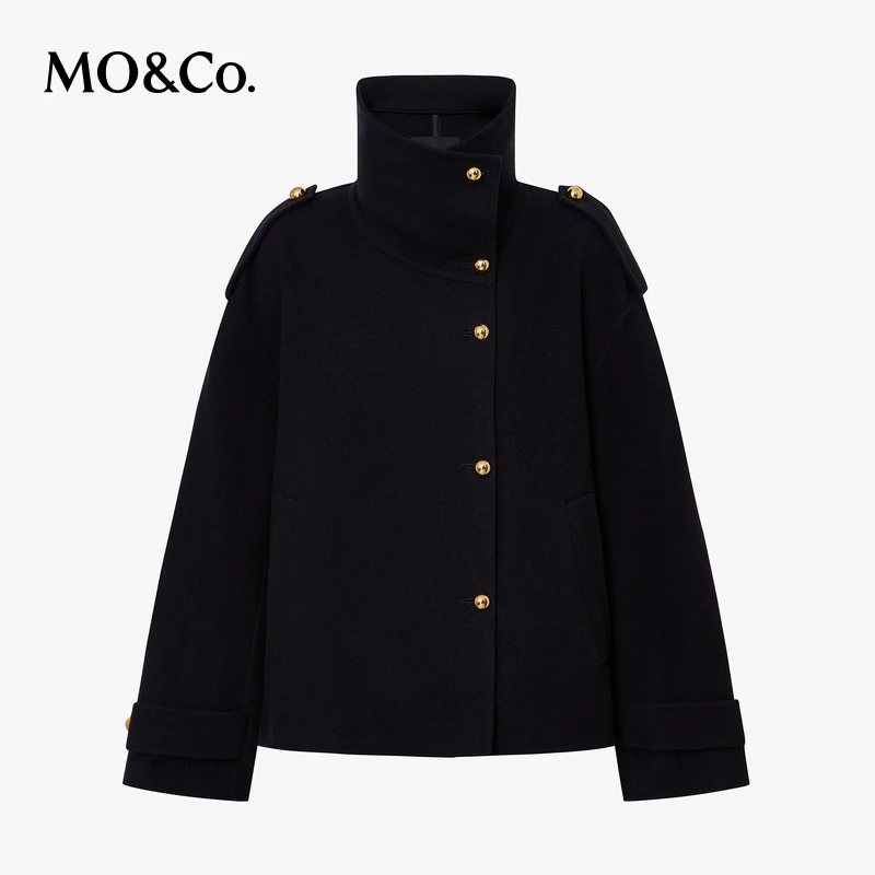 MOCO毛呢外套冬高比例绵羊毛斜襟高领翻领短款MBD4COT006