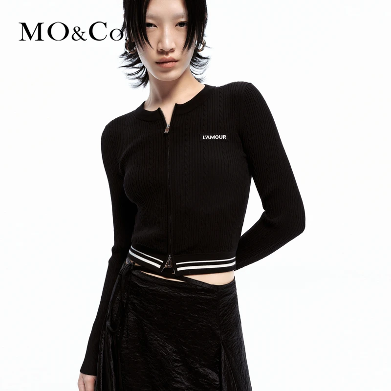 MOCO2024春新品复古运动双开拉链修身收腰短款针织开衫MBD1CART06