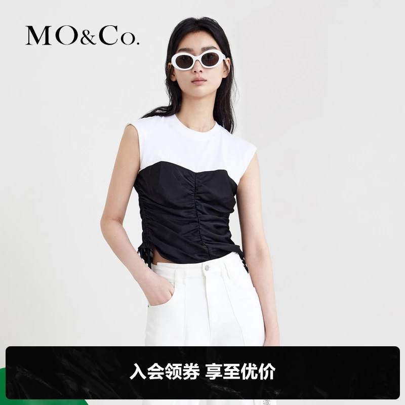 MOCO夏季小众设计感缎感抽褶拼接短款上衣MBB2TOP023