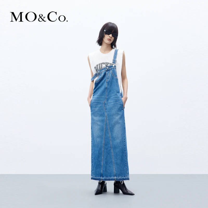 MOCO秋复古棉质牛仔连衣裙长款背带裙MBC3DRS051