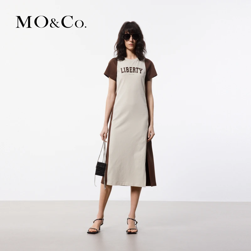 MOCO夏复古撞色收腰连衣裙T恤裙MBD2DRST59
