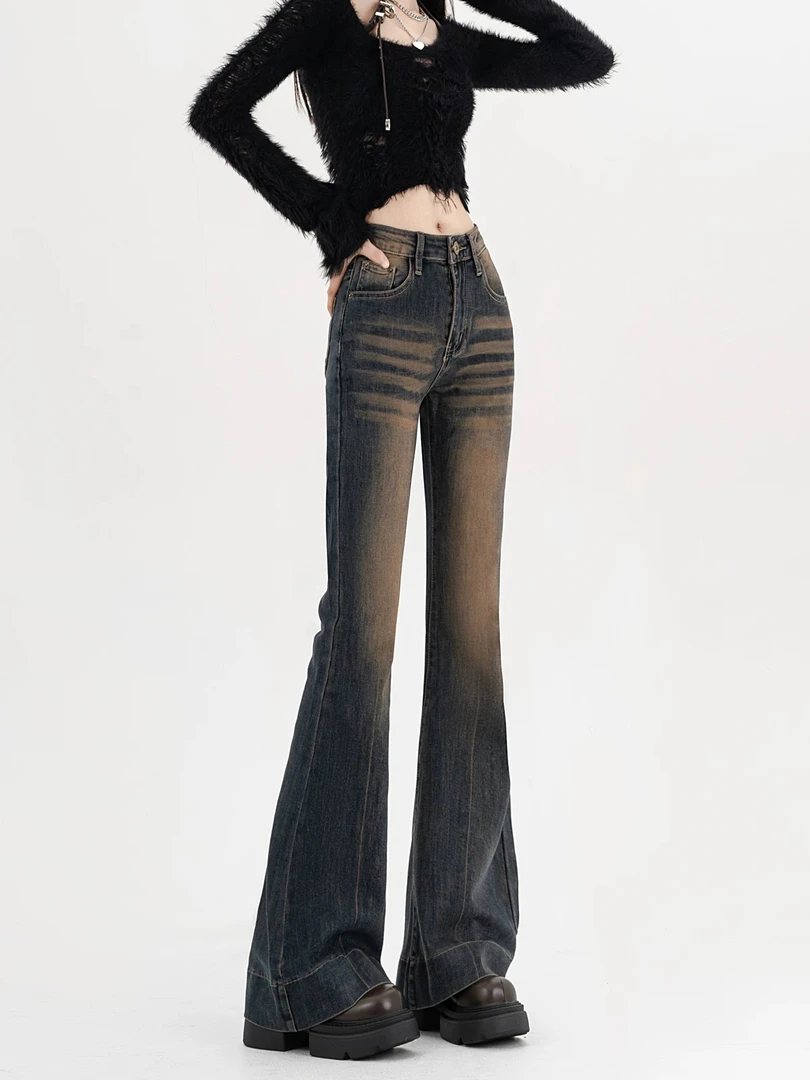 【编号001-100】新款显瘦高腰复古微喇长裤