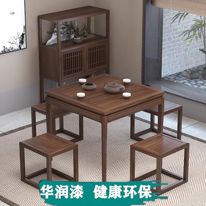 新中式实木八仙桌老榆木方桌棋牌桌四方茶桌正方形家用吃饭小桌椅