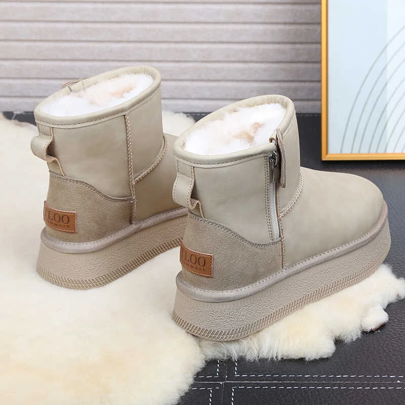 拉链厚底短筒牛皮羊毛雪地靴女加绒加厚防水短靴2024冬季雪地棉