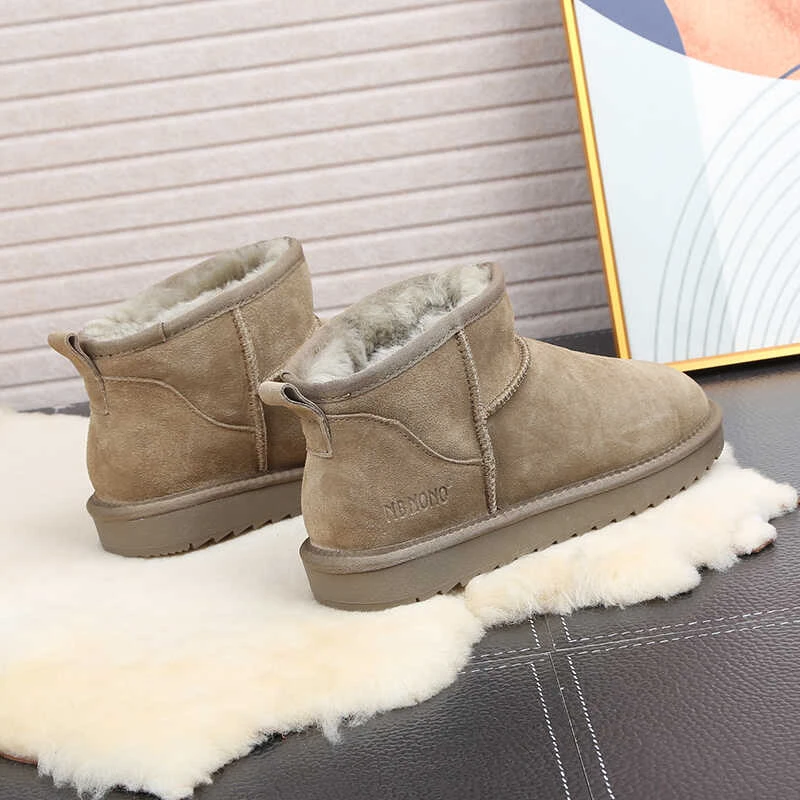 大码牛皮羊毛低帮雪地靴男款短筒加绒东北保暖棉鞋防滑冬季面包鞋