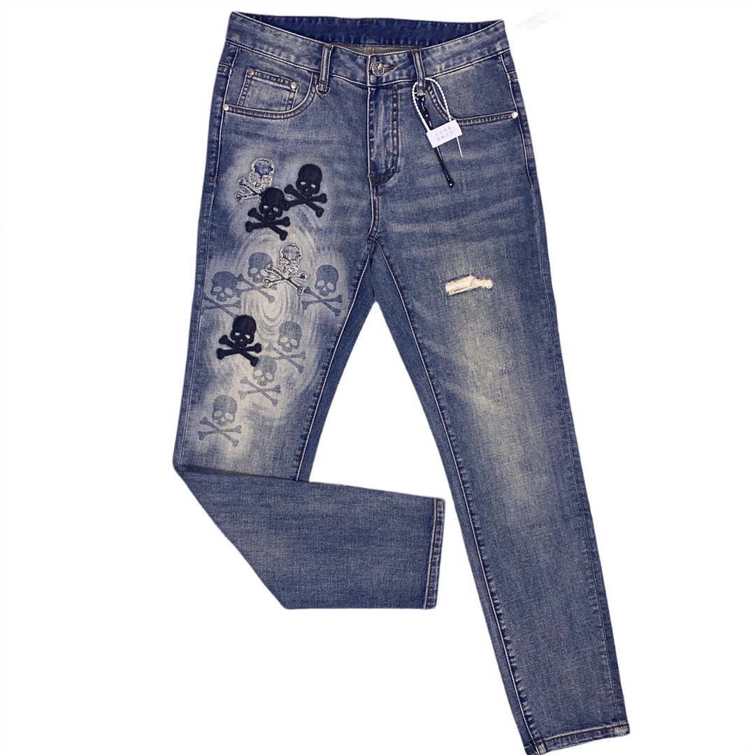 潮流牛仔裤男牛仔裤子破洞印花水洗春夏修身蓝色时尚百搭弹力复古