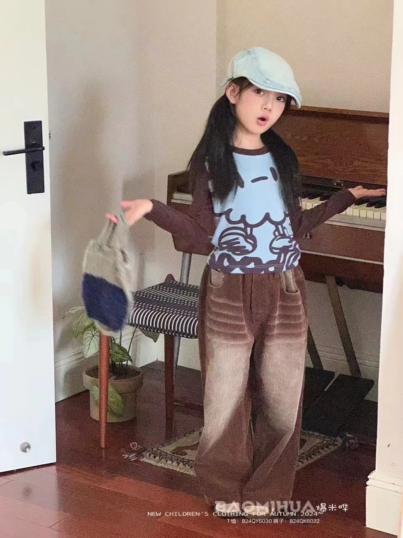 品牌童装24年新款儿童春秋中大童女童短款T恤时尚长袖