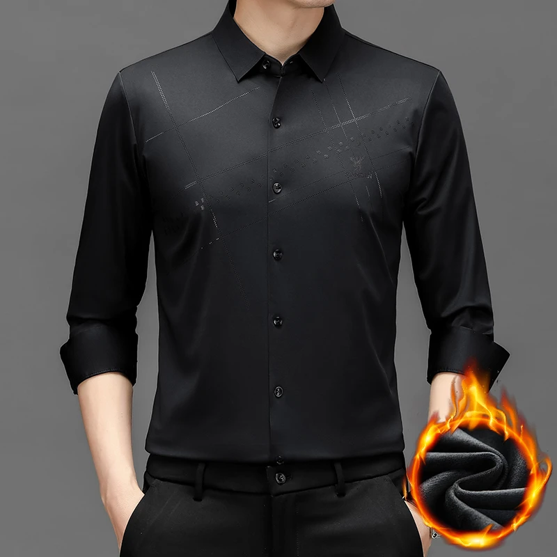 冬季加绒加厚休闲中年衬衫长袖宽松衬衣商务保暖长袖衬衫寸衣印烫