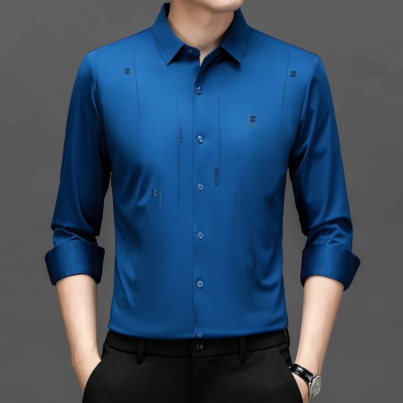 秋冬免烫长袖衬衫男 高弹力抗皱商务休闲春秋冰丝中年男士衬衣