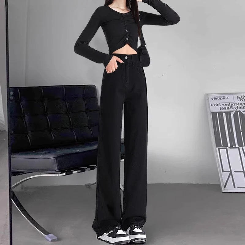 黑色窄版阔腿牛仔裤女秋冬季2025新款高腰遮胯显瘦小个子加绒直筒