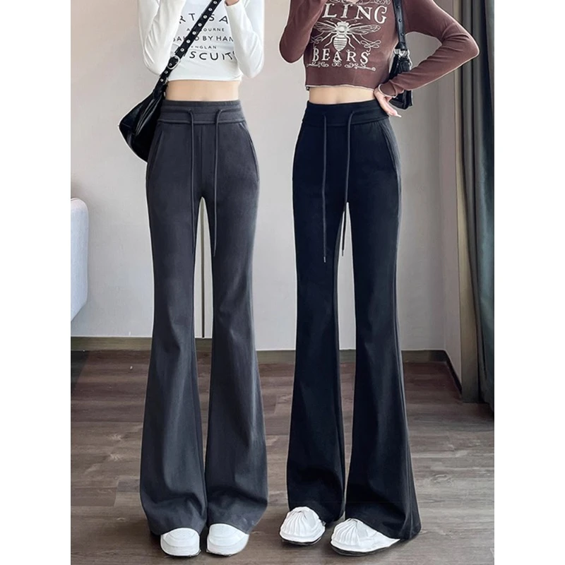 美式黑色微喇叭卫裤女2024秋冬新款高腰加绒直筒小个子运动休闲裤