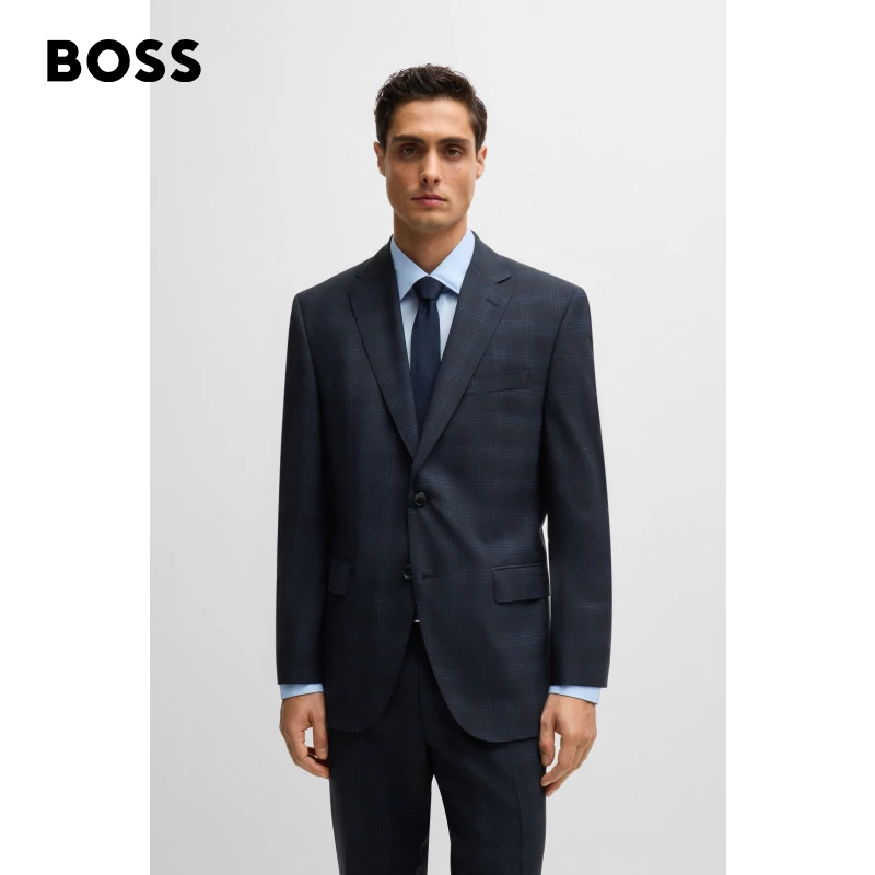 BOSS博斯男士  新款格纹图案弹力羊毛常规版西装套装50521676