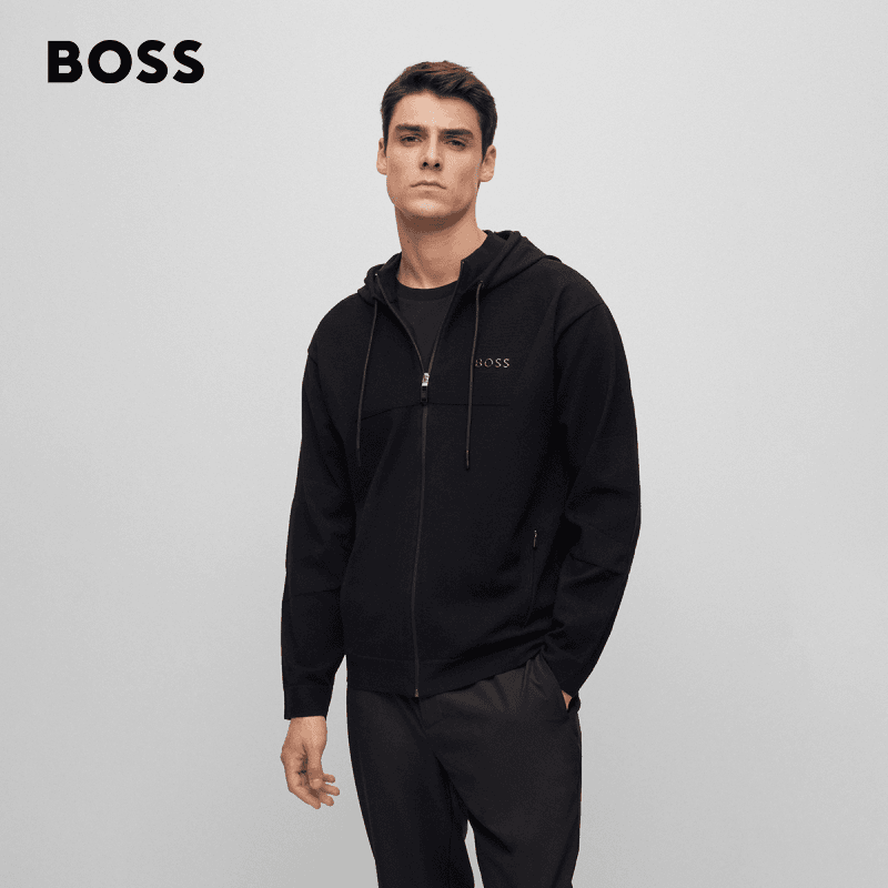 BOSS博斯男士2023秋冬舒适饰镜面效果徽标时尚拉链连帽衫50498535