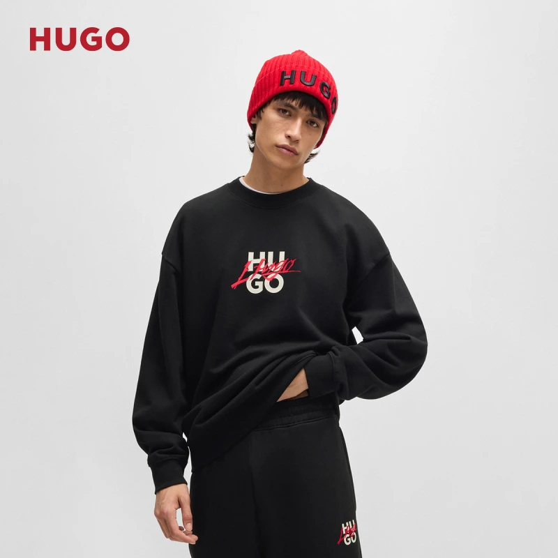 HUGO雨果男士24冬季新款双徽标棉质毛圈布休闲宽松卫衣50521081