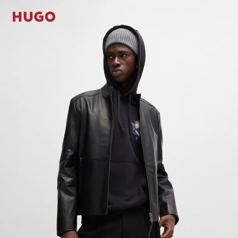 HUGO雨果男士 新款经典时尚立领修身休闲皮革夹克50516869